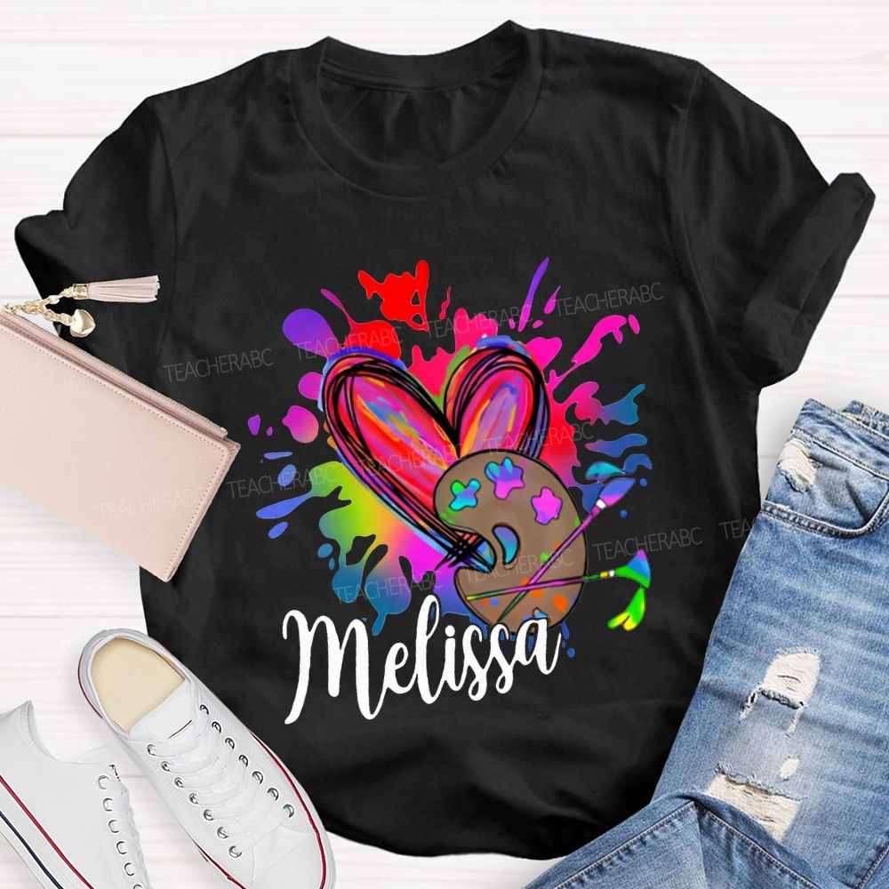 Personalized Name Colorful Tie-Dyed Hearts And Dyeing Trays Art Teacher T-shirt