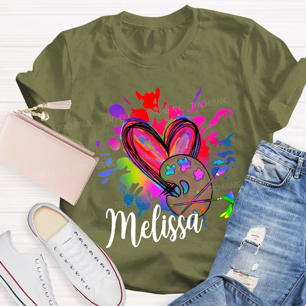 Personalized Name Colorful Tie-Dyed Hearts And Dyeing Trays Art Teacher T-shirt