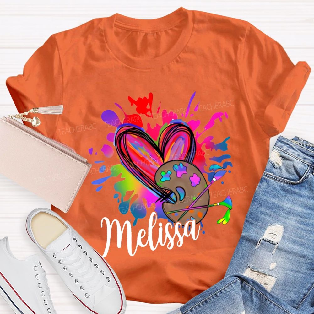 Personalized Name Colorful Tie-Dyed Hearts And Dyeing Trays Art Teacher T-shirt