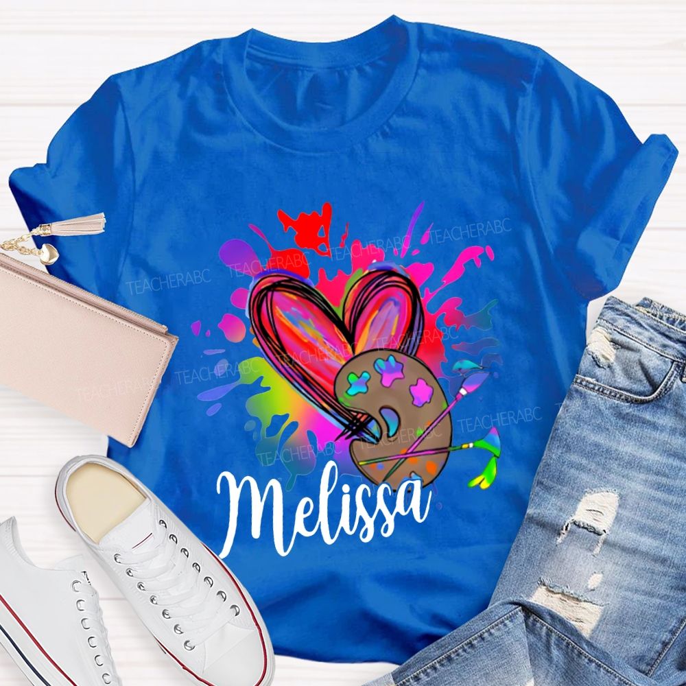 Personalized Name Colorful Tie-Dyed Hearts And Dyeing Trays Art Teacher T-shirt