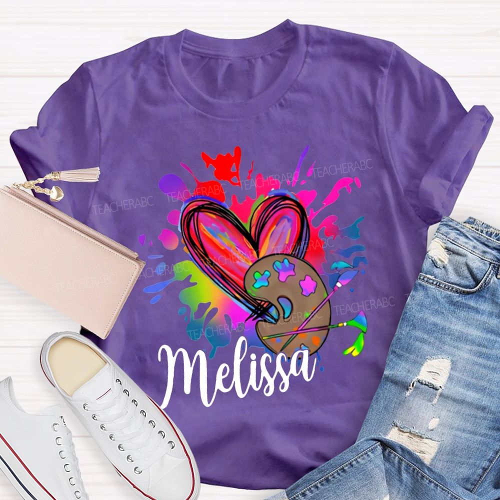 Personalized Name Colorful Tie-Dyed Hearts And Dyeing Trays Art Teacher T-shirt