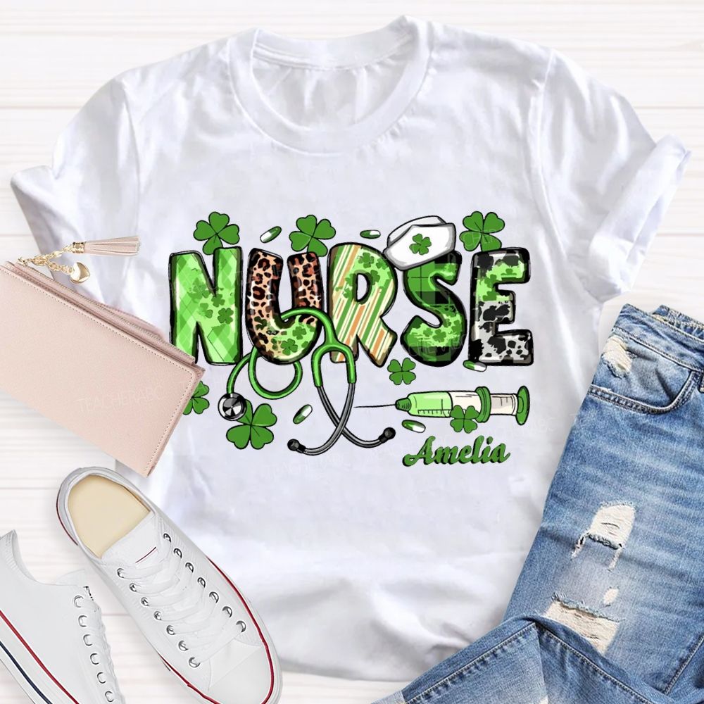 Personalized Name School Nurse Lucky Four-Leaf Clover And Nurse'S Cap Teacher T-shirt