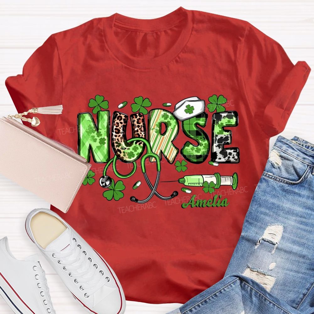 Personalized Name School Nurse Lucky Four-Leaf Clover And Nurse'S Cap Teacher T-shirt