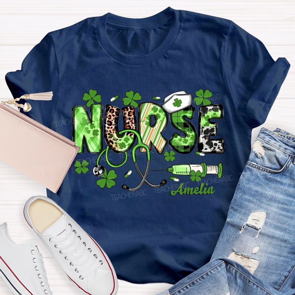 Personalized Name School Nurse Lucky Four-Leaf Clover And Nurse'S Cap Teacher T-shirt