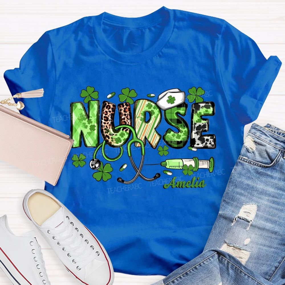 Personalized Name School Nurse Lucky Four-Leaf Clover And Nurse'S Cap Teacher T-shirt