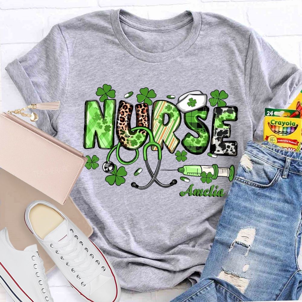 Personalized Name School Nurse Lucky Four-Leaf Clover And Nurse'S Cap Teacher T-shirt