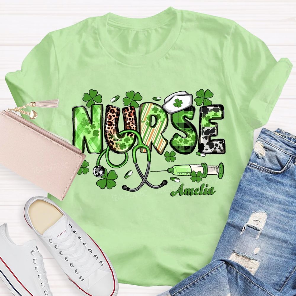 Personalized Name School Nurse Lucky Four-Leaf Clover And Nurse'S Cap Teacher T-shirt