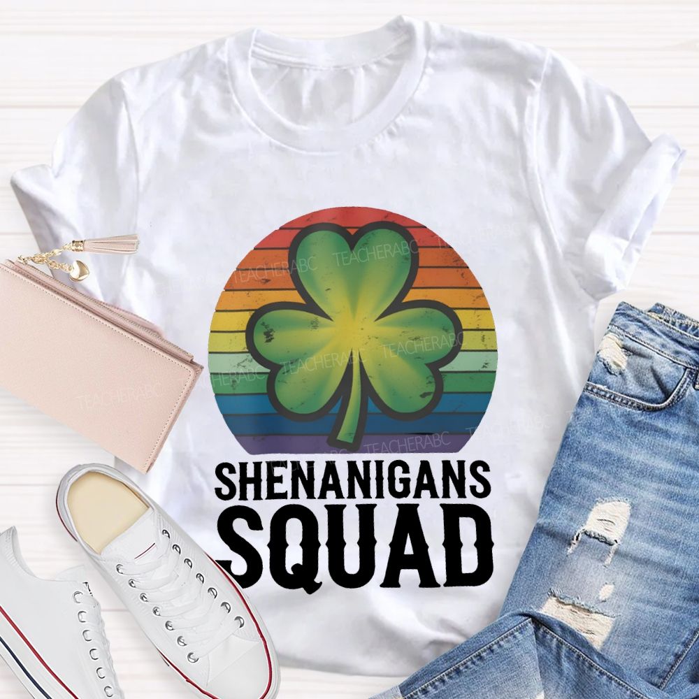 Shenanigans Squad Lucky Colorful Prints And Clover Leaves Teacher T-shirt
