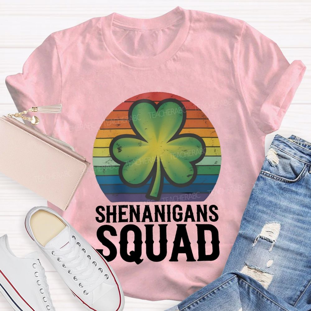 Shenanigans Squad Lucky Colorful Prints And Clover Leaves Teacher T-shirt