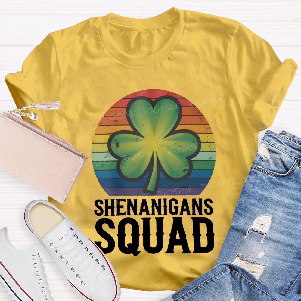 Shenanigans Squad Lucky Colorful Prints And Clover Leaves Teacher T-shirt