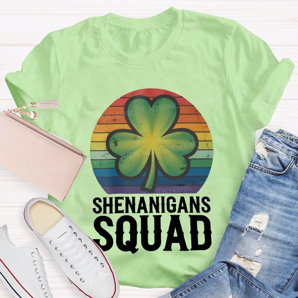 Shenanigans Squad Lucky Colorful Prints And Clover Leaves Teacher T-shirt
