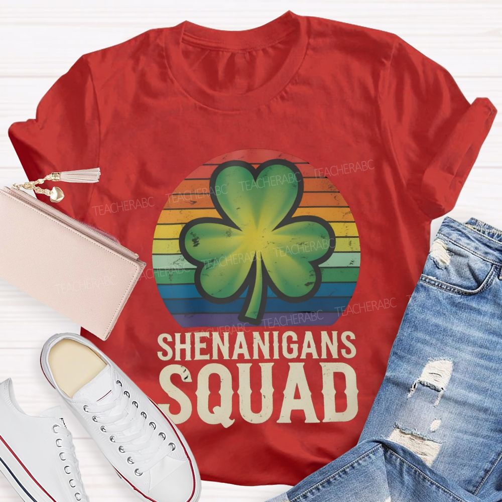 Shenanigans Squad Lucky Colorful Prints And Clover Leaves Teacher T-shirt