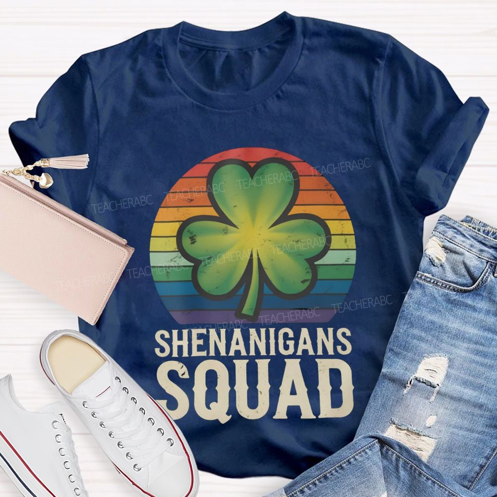 Shenanigans Squad Lucky Colorful Prints And Clover Leaves Teacher T-shirt