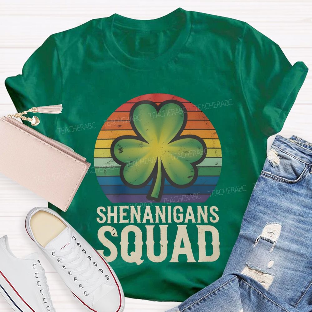 Shenanigans Squad Lucky Colorful Prints And Clover Leaves Teacher T-shirt