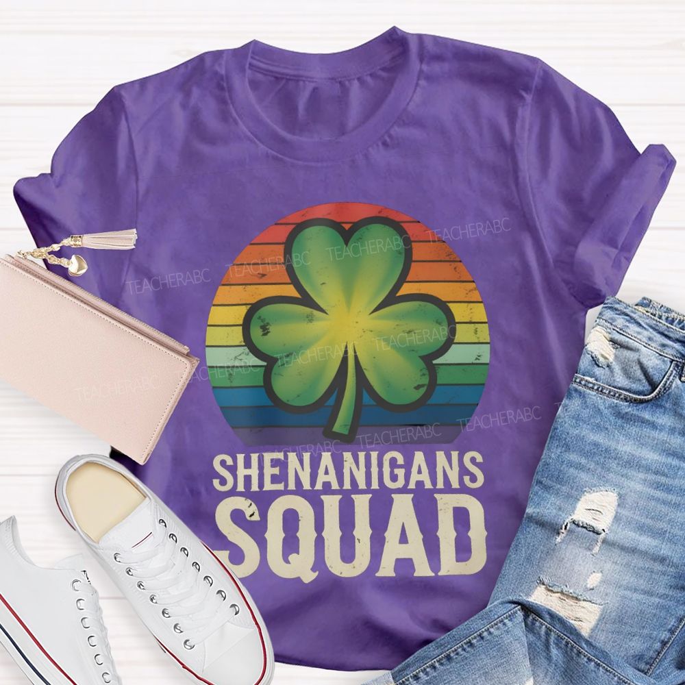 Shenanigans Squad Lucky Colorful Prints And Clover Leaves Teacher T-shirt