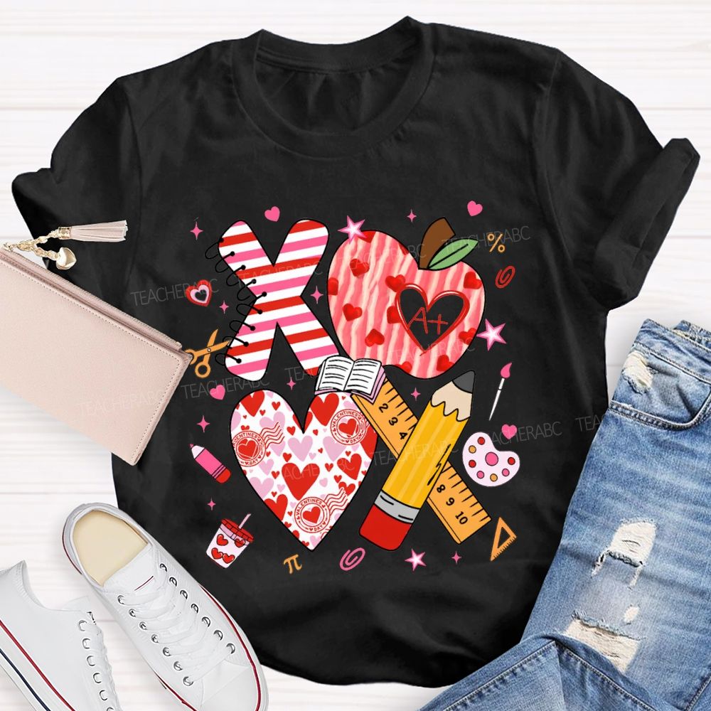 Apples And Hearts Ruler And Pencil Love Valentine'S Day Teacher T-shirt