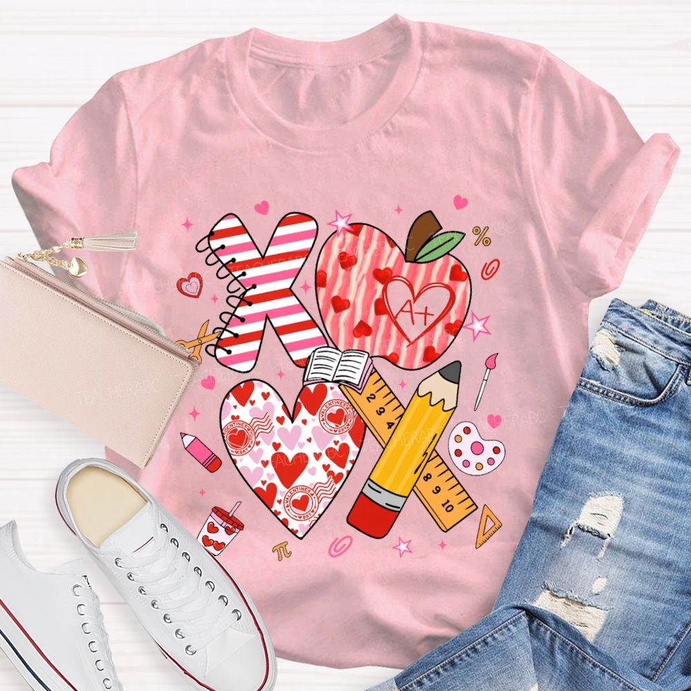 Apples And Hearts Ruler And Pencil Love Valentine'S Day Teacher T-shirt