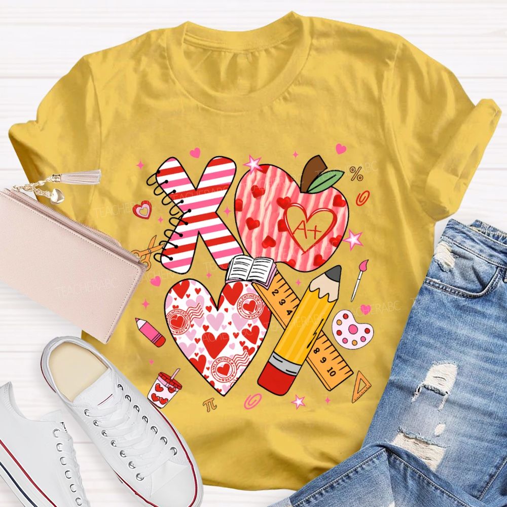 Apples And Hearts Ruler And Pencil Love Valentine'S Day Teacher T-shirt