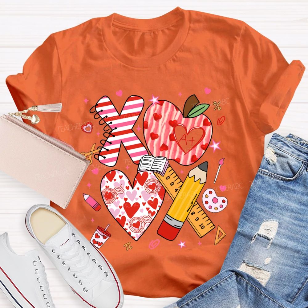 Apples And Hearts Ruler And Pencil Love Valentine'S Day Teacher T-shirt