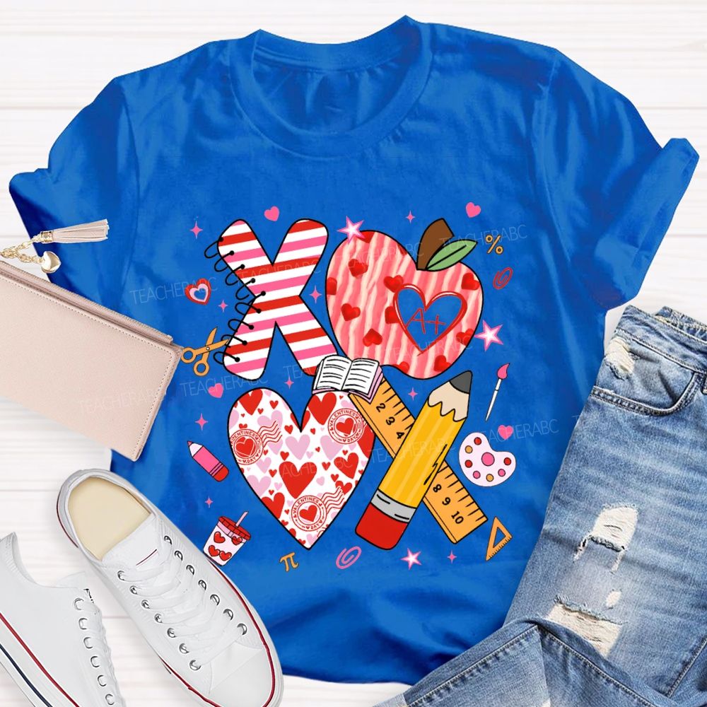 Apples And Hearts Ruler And Pencil Love Valentine'S Day Teacher T-shirt
