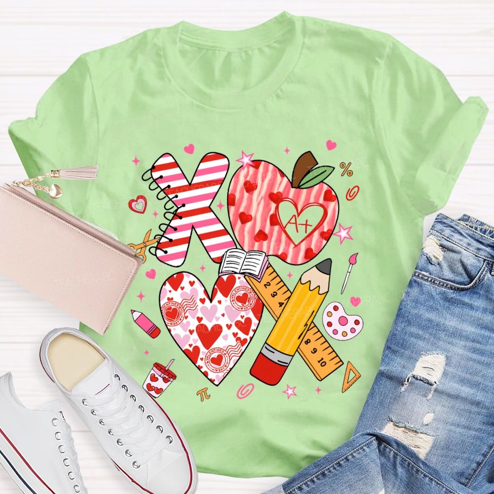 Apples And Hearts Ruler And Pencil Love Valentine'S Day Teacher T-shirt