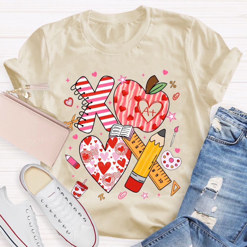 Apples And Hearts Ruler And Pencil Love Valentine'S Day Teacher T-shirt