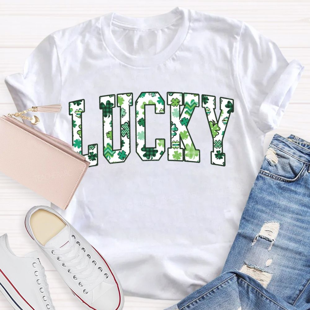 Lucky Clover And Four-Leaf Clover Fonts Teacher T-shirt