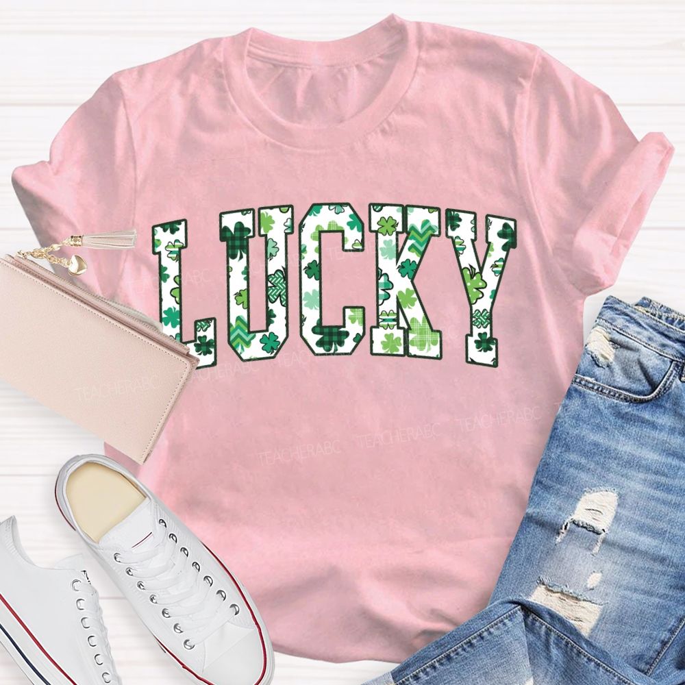 Lucky Clover And Four-Leaf Clover Fonts Teacher T-shirt