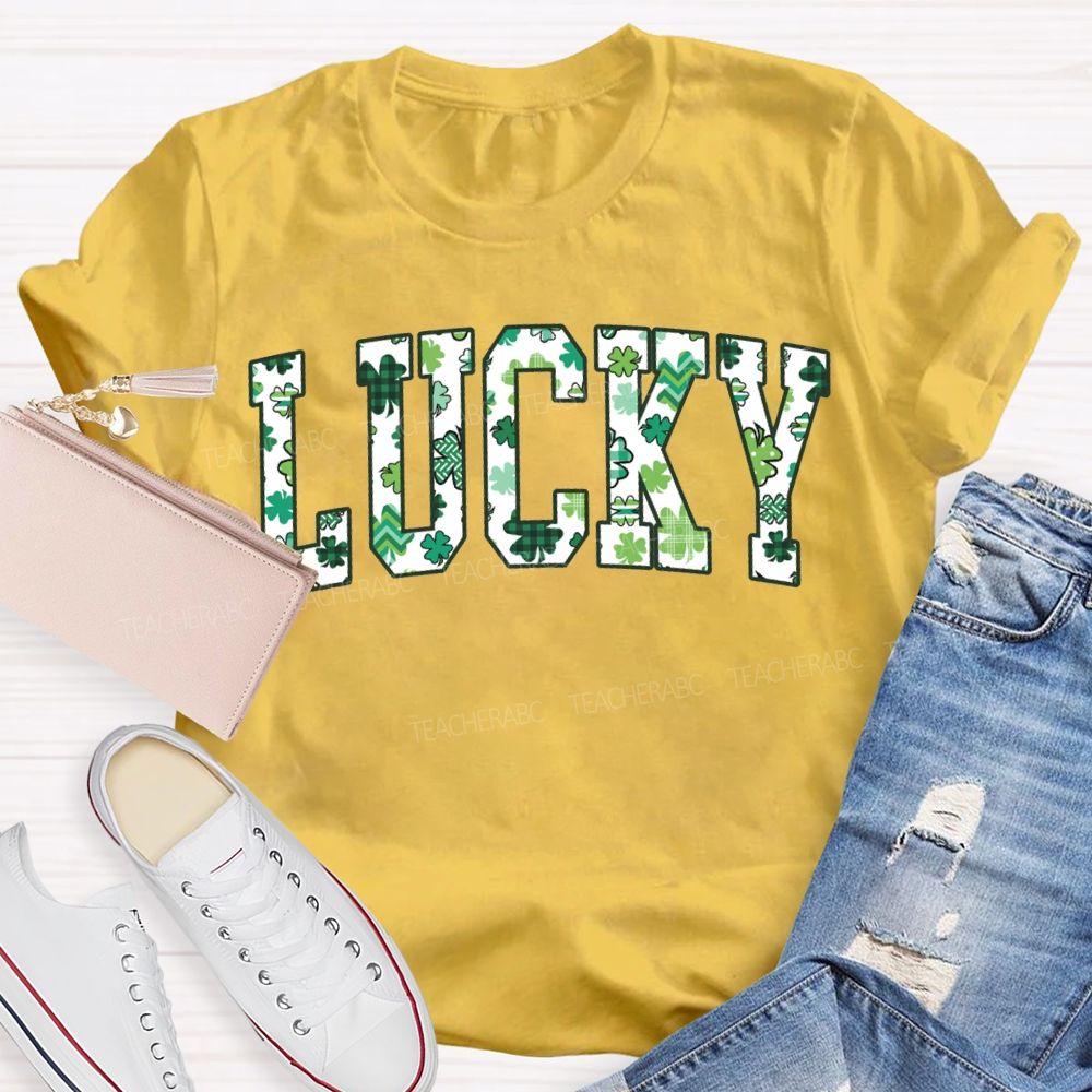 Lucky Clover And Four-Leaf Clover Fonts Teacher T-shirt