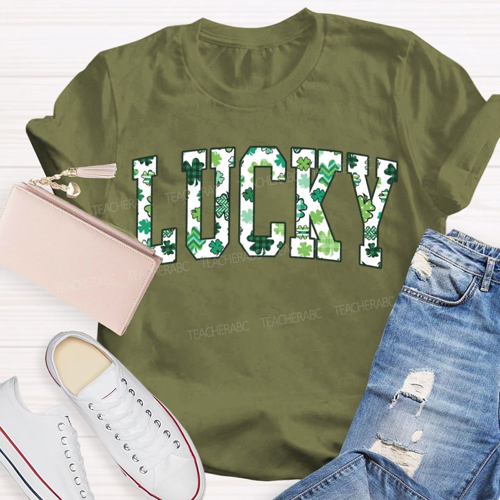 Lucky Clover And Four-Leaf Clover Fonts Teacher T-shirt
