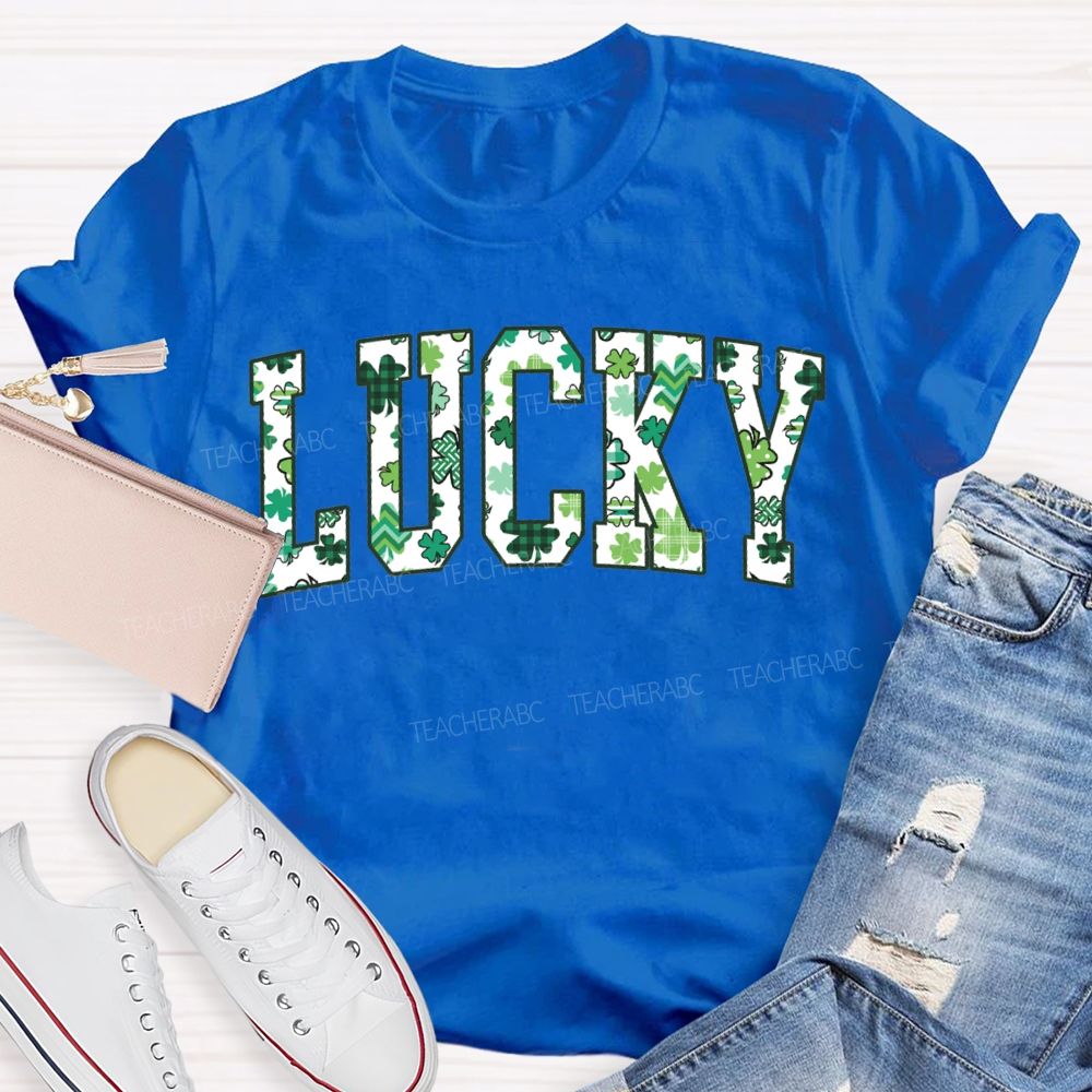 Lucky Clover And Four-Leaf Clover Fonts Teacher T-shirt