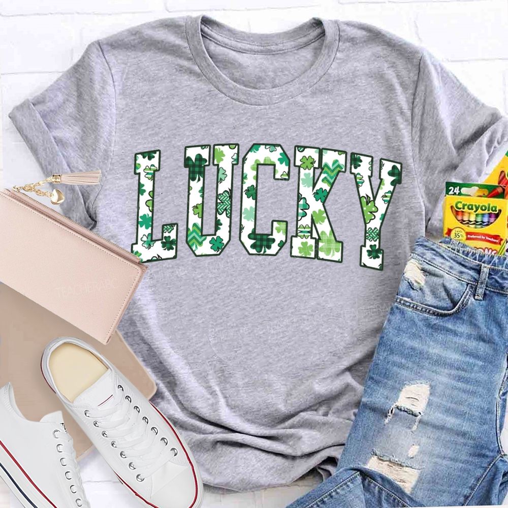 Lucky Clover And Four-Leaf Clover Fonts Teacher T-shirt