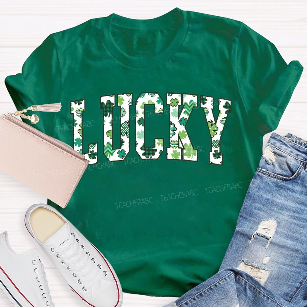 Lucky Clover And Four-Leaf Clover Fonts Teacher T-shirt
