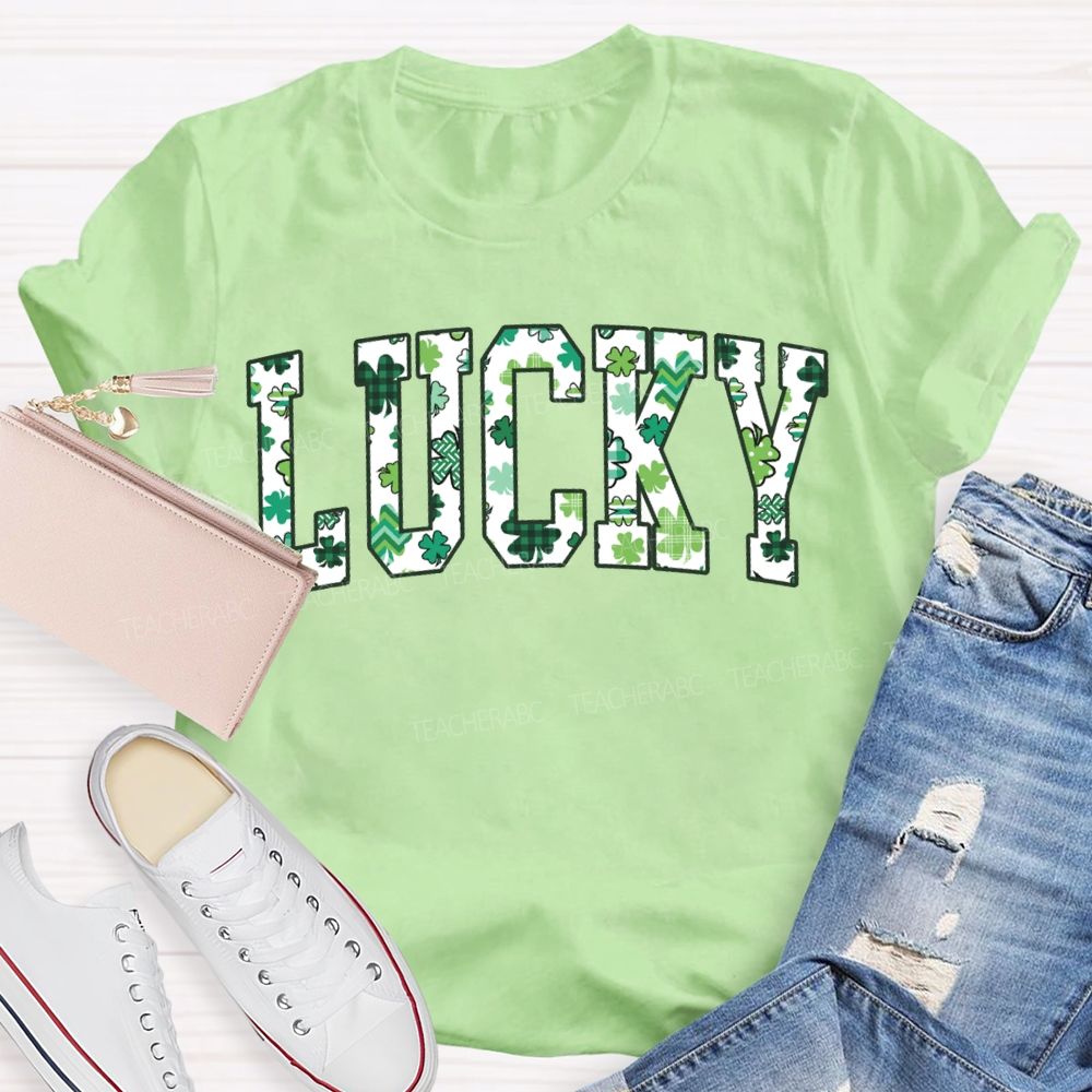 Lucky Clover And Four-Leaf Clover Fonts Teacher T-shirt