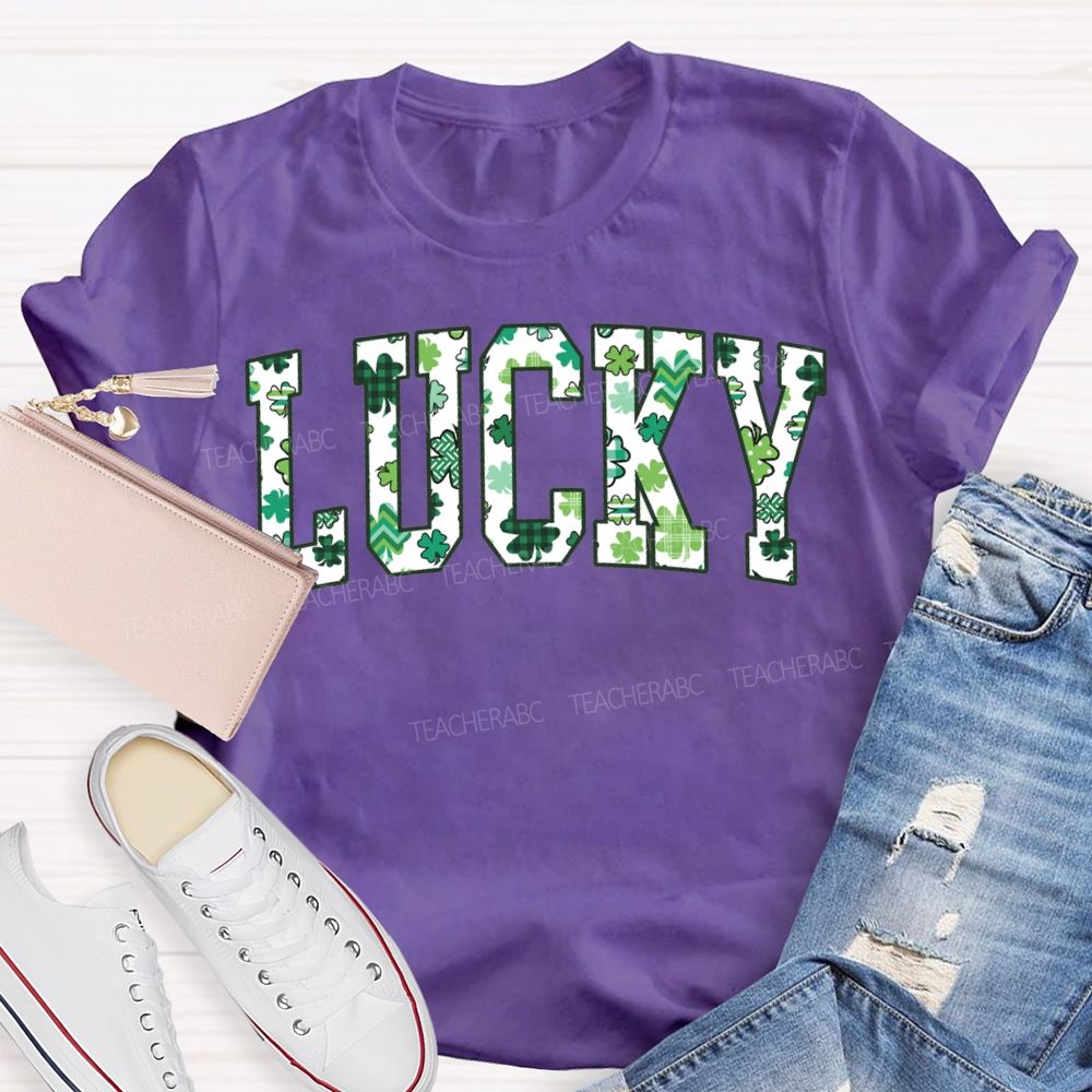 Lucky Clover And Four-Leaf Clover Fonts Teacher T-shirt