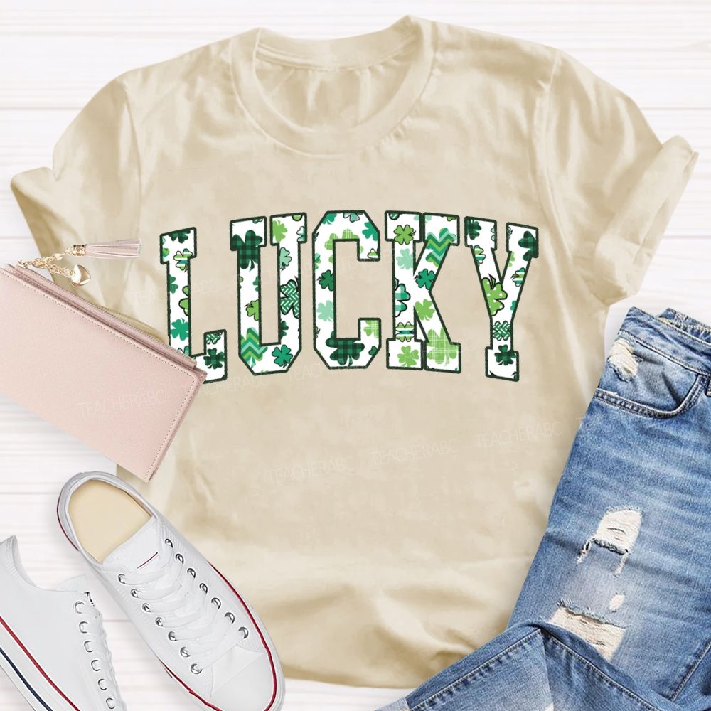 Lucky Clover And Four-Leaf Clover Fonts Teacher T-shirt