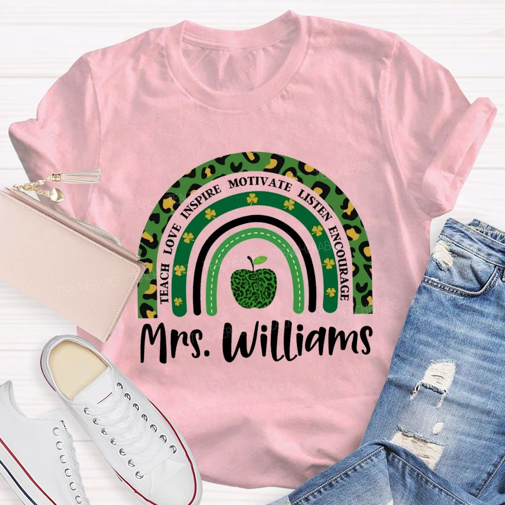 Personalized Name Teach Love Inspire Motivate Listen Encourage Lucky Clover And Apples T-shirt