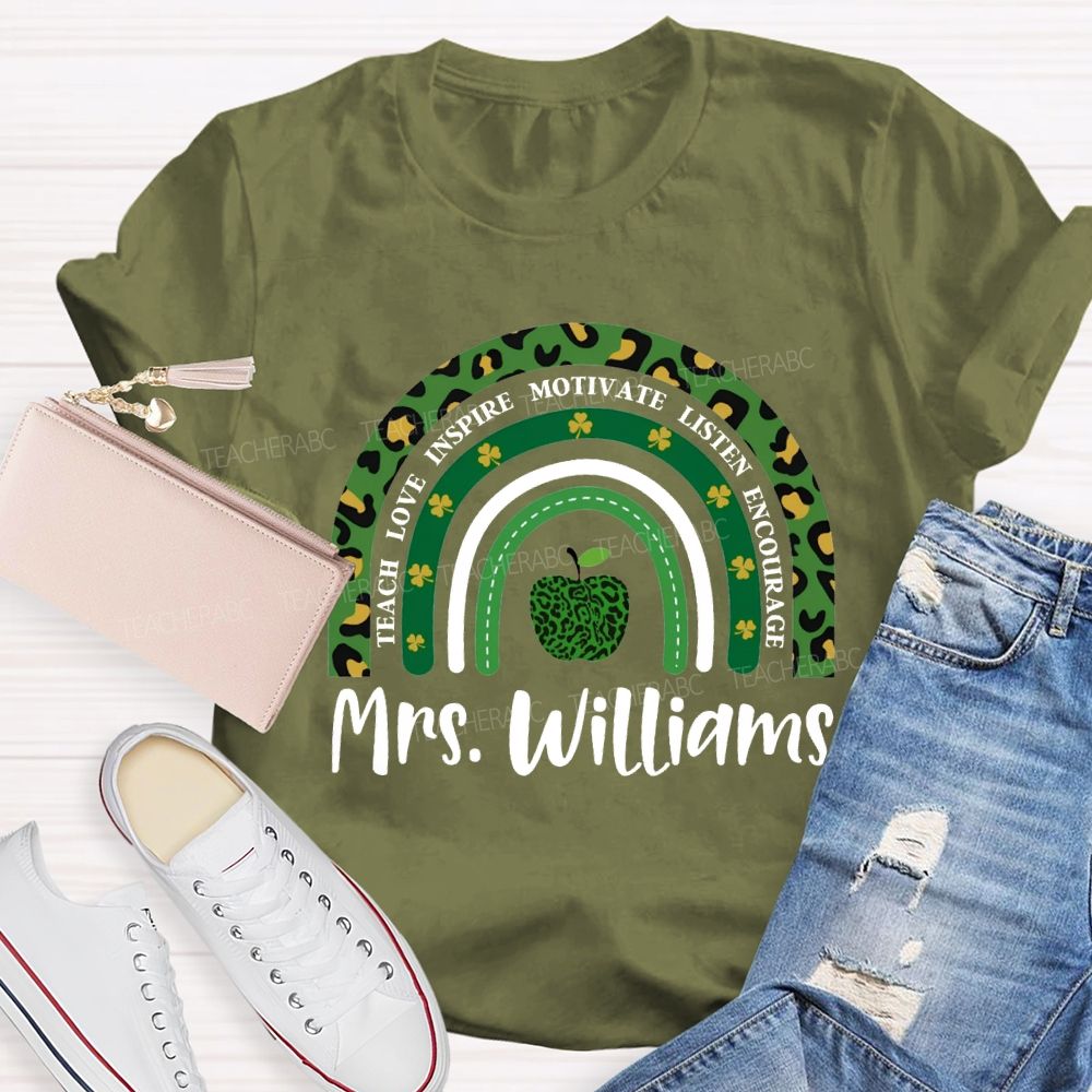 Personalized Name Teach Love Inspire Motivate Listen Encourage Lucky Clover And Apples T-shirt