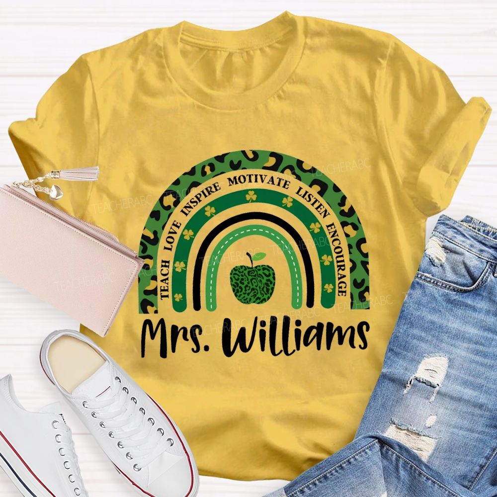 Personalized Name Teach Love Inspire Motivate Listen Encourage Lucky Clover And Apples T-shirt