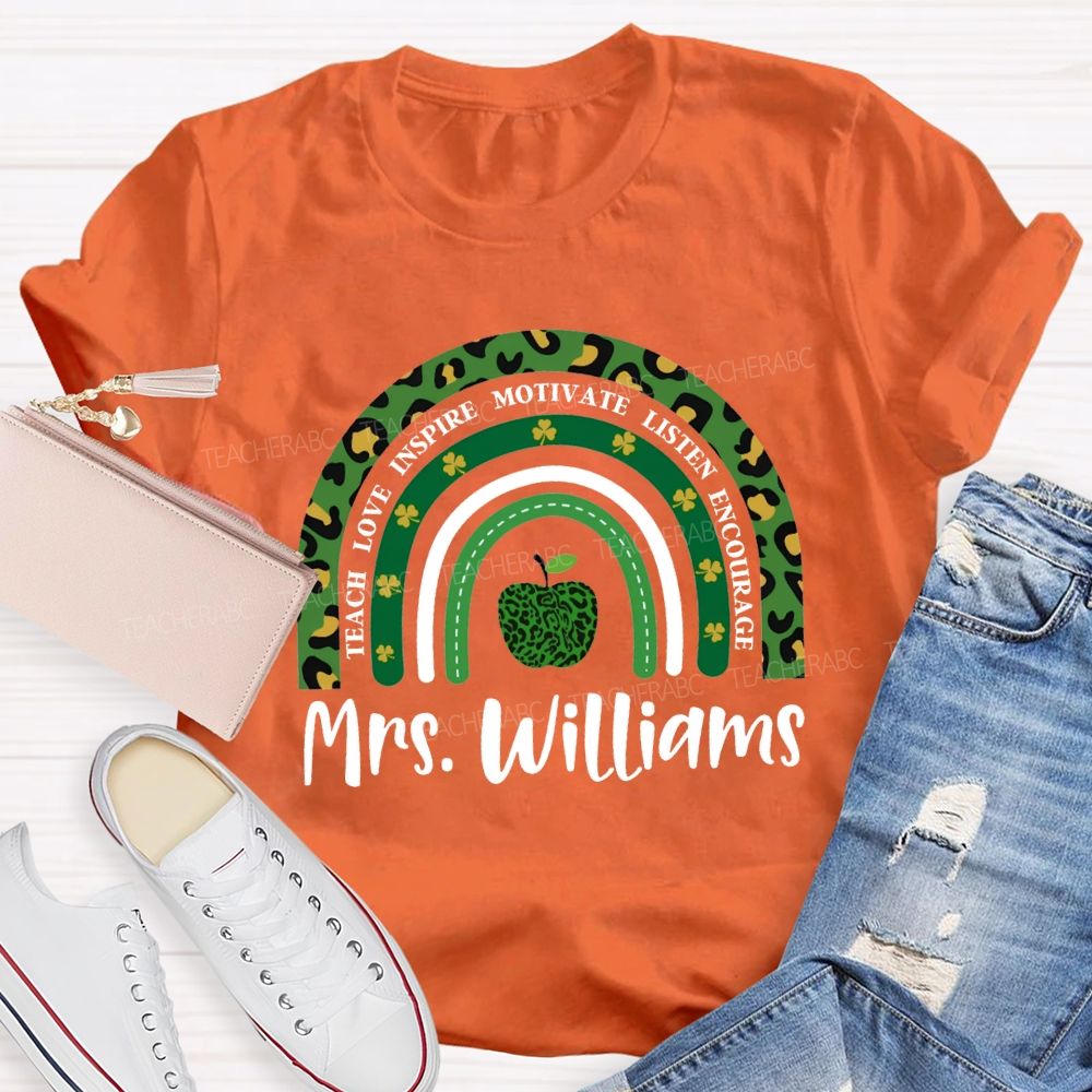 Personalized Name Teach Love Inspire Motivate Listen Encourage Lucky Clover And Apples T-shirt