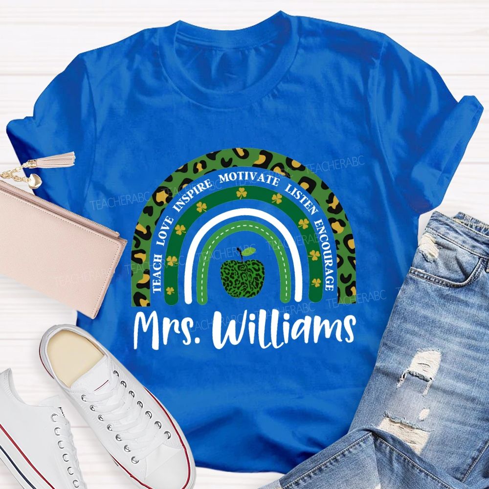 Personalized Name Teach Love Inspire Motivate Listen Encourage Lucky Clover And Apples T-shirt