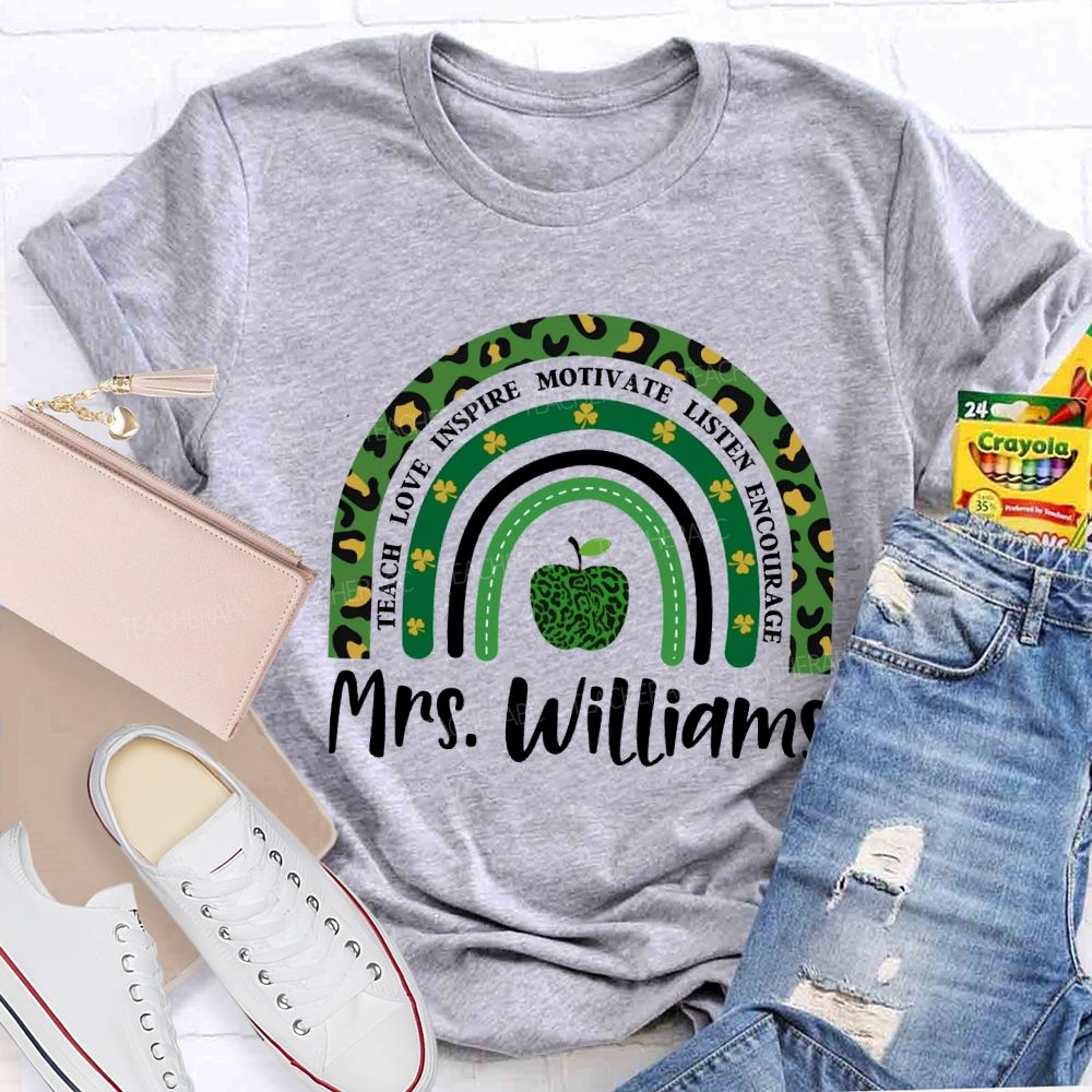 Personalized Name Teach Love Inspire Motivate Listen Encourage Lucky Clover And Apples T-shirt