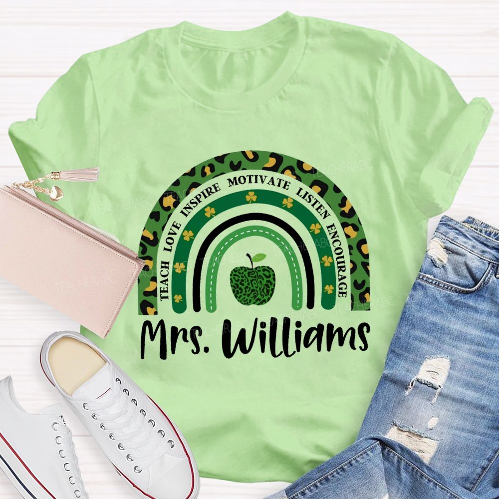 Personalized Name Teach Love Inspire Motivate Listen Encourage Lucky Clover And Apples T-shirt