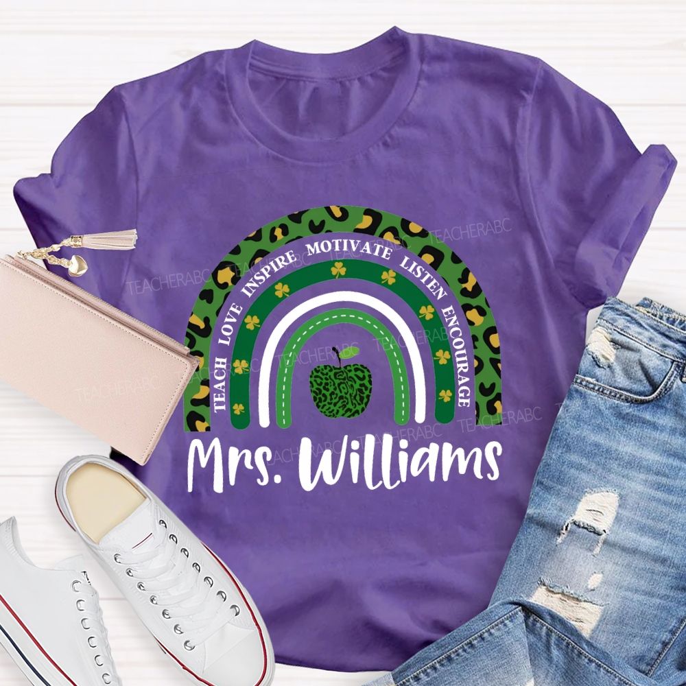 Personalized Name Teach Love Inspire Motivate Listen Encourage Lucky Clover And Apples T-shirt
