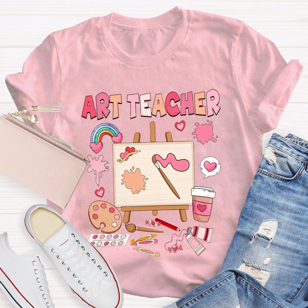 Art Teacher Rainbow Hearts And A Paint Palette Teacher T-shirt