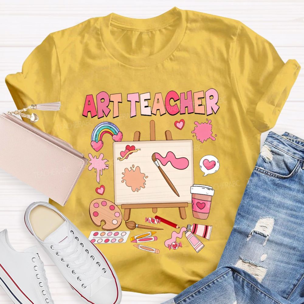 Art Teacher Rainbow Hearts And A Paint Palette Teacher T-shirt