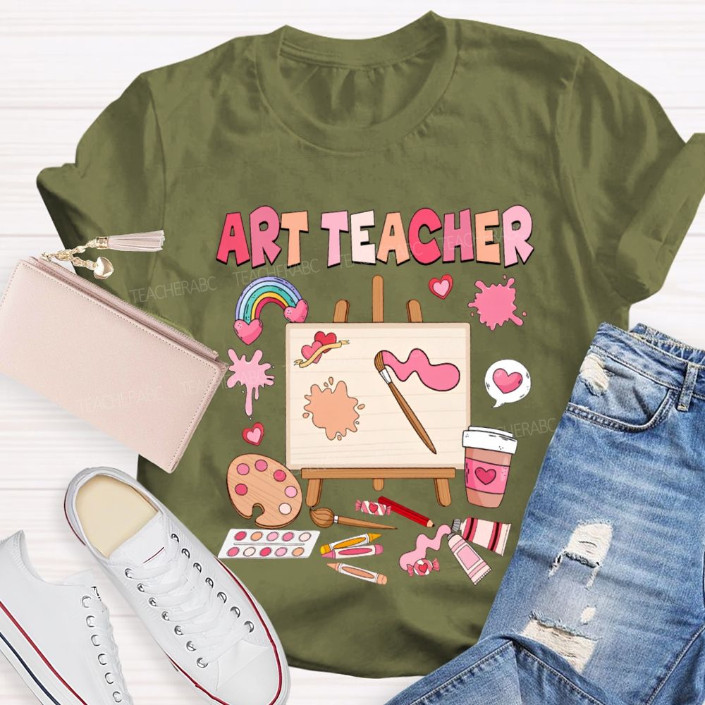 Art Teacher Rainbow Hearts And A Paint Palette Teacher T-shirt