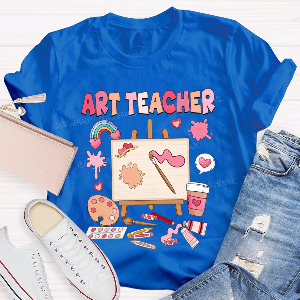 Art Teacher Rainbow Hearts And A Paint Palette Teacher T-shirt