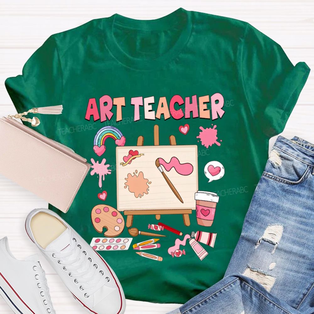 Art Teacher Rainbow Hearts And A Paint Palette Teacher T-shirt