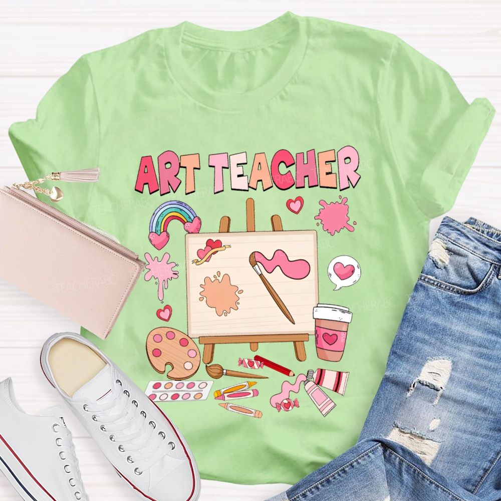 Art Teacher Rainbow Hearts And A Paint Palette Teacher T-shirt